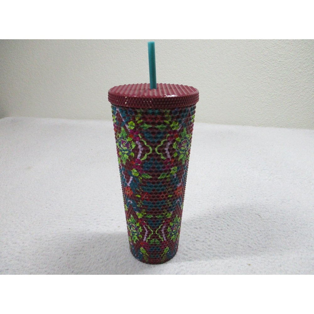 Starbucks Studded Floral Cold Cup Tumbler 24oz Reusable‎ With Straw Burgundy - Picture 4 of 6
